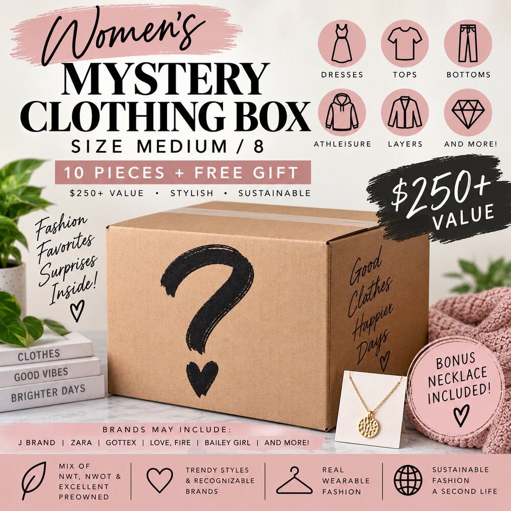 Women’s Size Medium 8 Mystery Clothing Box 10 Pc $250+ Value + Free Gift